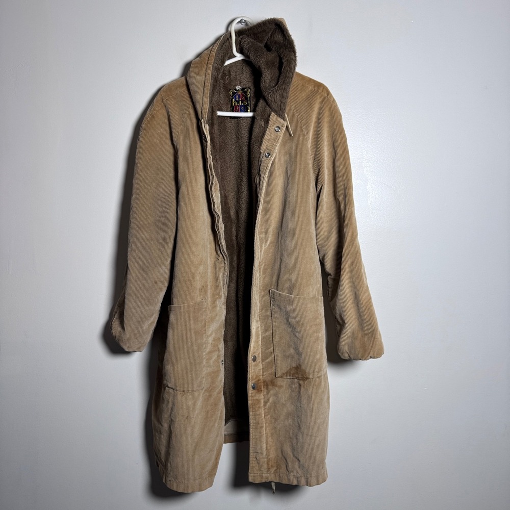 h.i.s. Corduroy Parka Jacket Mens Medium Tan Solid Vintage Hooded Faux Fur Lined
